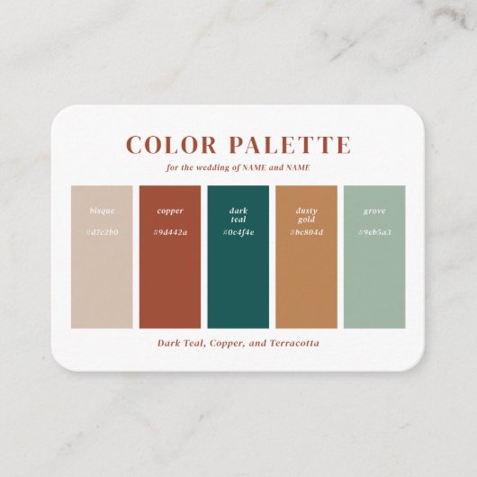 Koper, beige en donker Blauwgroen bruiloft kleuren Informatiekaartje (Voorkant)