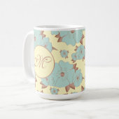 Koper Bleke Blauwgroen flora op parelgeel Koffiemok (Voorkant links)