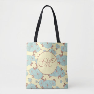 Koper Bleke Blauwgroen flora op parelgeel Tote Bag