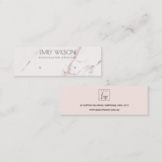 KOPER BLUSH PINK MARBLE STUD EARRING DISPLAY LOGO MINI VISITEKAARTJE (Voorkant / Achterkant)