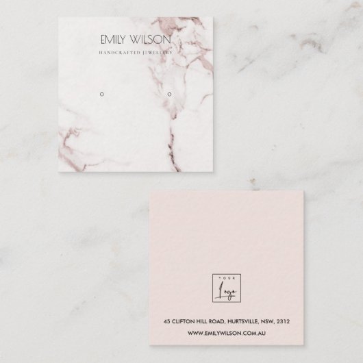 KOPER BLUSH PINK MARBLE STUD EARRING DISPLAY LOGO VIERKANTE VISITEKAARTJE (Voorkant / Achterkant)
