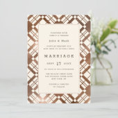 Koper Brons Herfst Rustieke Plaid Schuur Bruiloft Kaart (Staand voorkant)