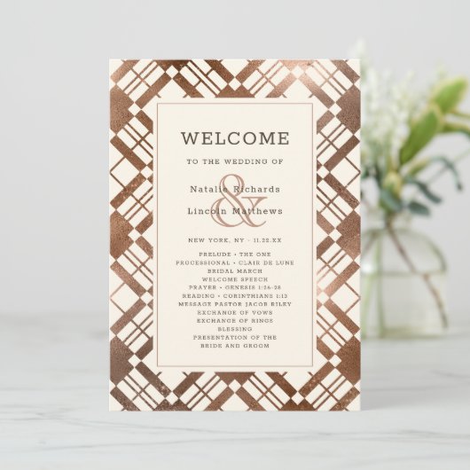 Koper Brons Rustieke Herfst Plaid Trouwceremonie Programmakaart (Staand voorkant)