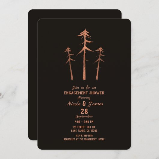 Koper Brons Tall Pine Trees Rustiek Verloving Kaart (Voorkant / Achterkant)