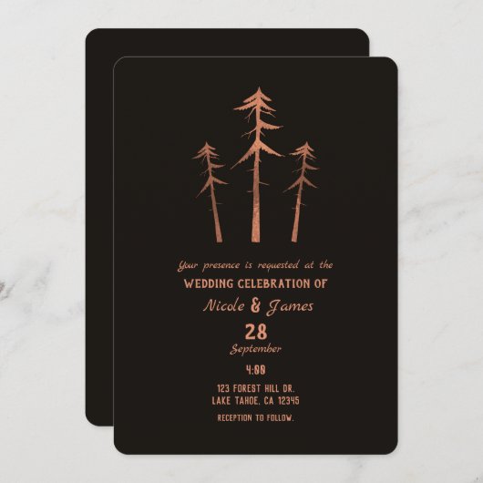 Koper Brons Tall Pine Trees Rustieke Bruiloft Kaart (Voorkant / Achterkant)
