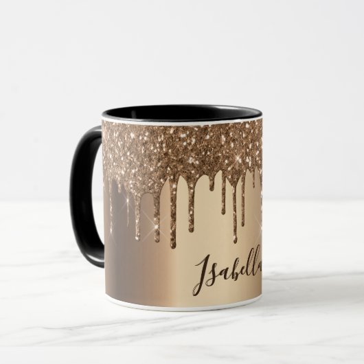 Koper bronzen glitter druppels naam script mok (Voorkant links)