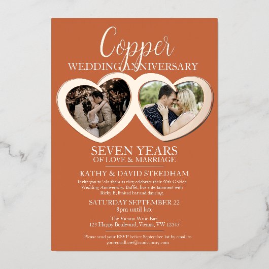 Koper bruiloft 7e feest 6 foto's folie uitnodiging (Voorkant)