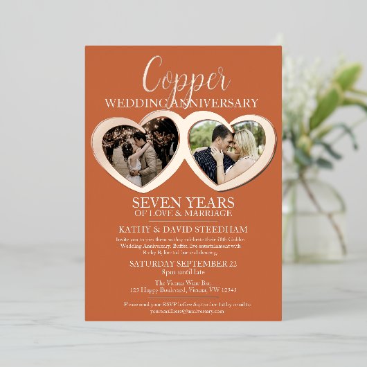 Koper bruiloft 7e feest 6 foto's folie uitnodiging (Staand Voorkant)