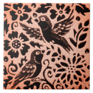 Koper Bruin Bosland Bird Floral Leaf Herfst Trivet Tegeltje