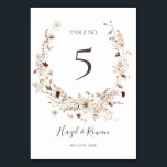 Koper Burgundy Wildflower Table Number Kaart<br><div class="desc">Dit koperen bruine wildbloemnummer is perfect voor je klassieke rustic boho roest, witte marsala bruiloft. Het ontwerp is voorzien van een bohemische kreet of bouquet van moderne waterverf paarse, rode, grijze en wazige, roze wildbloemen, samen met verbrande oranje en goudgroen. Het ontwerp bevat papavers en gerst. Het ontwerp is ideaal...</div>