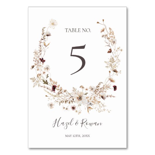 Koper Burgundy Wildflower Table Number Kaart (Voorkant)