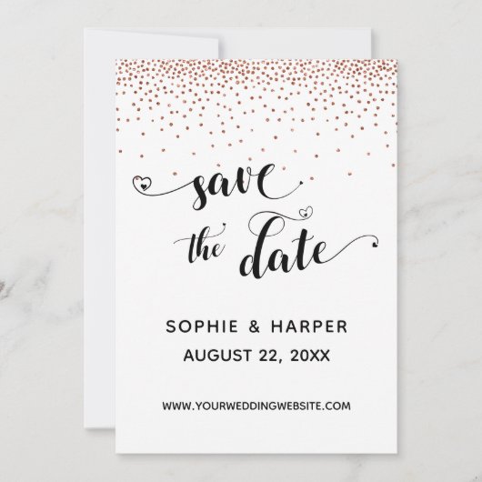 Koper Confetti en kalligrafie met harten Save The Date (Voorkant)