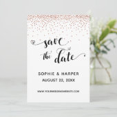 Koper Confetti en kalligrafie met harten Save The Date (Staand voorkant)