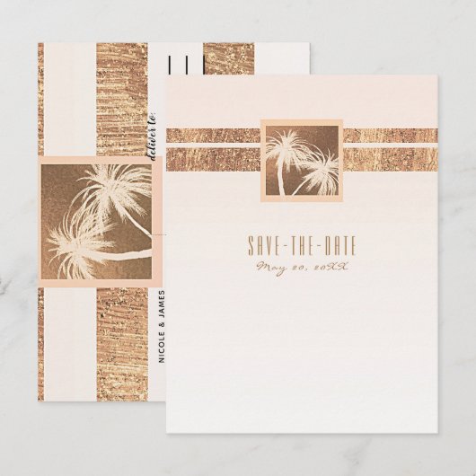 Koper & Crème Tropische Palmbomen Save the Date Aankondigingskaart (Voorkant / Achterkant)
