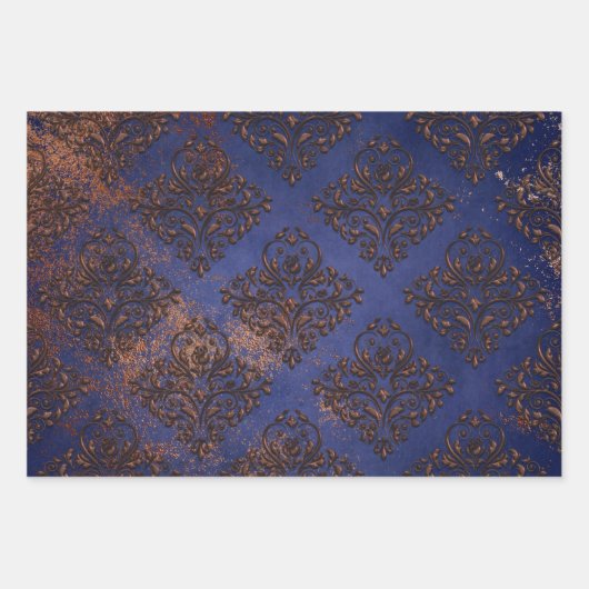 Koper Damask op Paars blauw Inpakpapier Vel (Voorkant)
