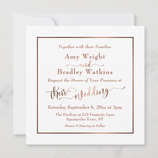 Koper elegant script & bewerkbaar wit | Weddenscha Kaart (Voorkant)