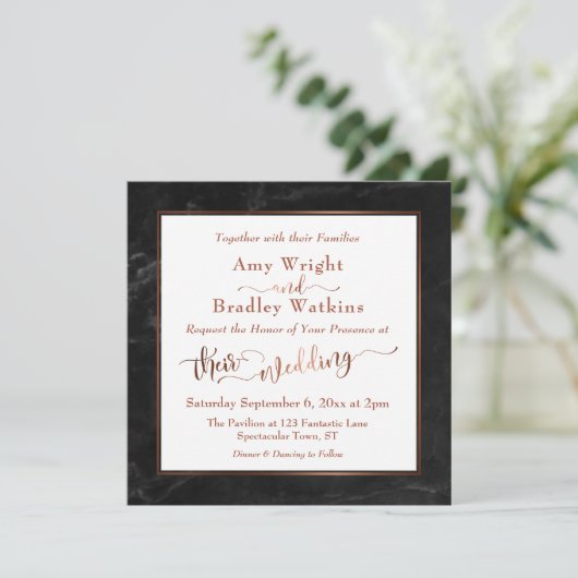 Koper Elegant Script w / Zwart Marmer | Bruiloft Kaart (Staand voorkant)