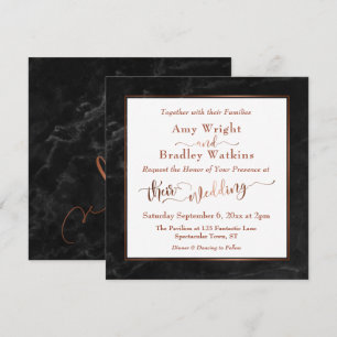 Koper Elegant Script w / Zwart Marmer Bruiloft Kaart