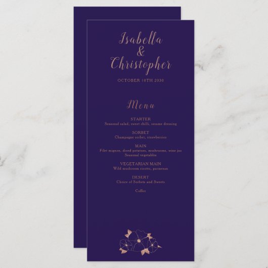 Koper en blauw bloemenmodern trouwmenu menu (Voorkant / Achterkant)