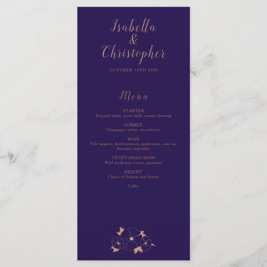 Koper en blauw bloemenmodern trouwmenu menu (Voorkant)