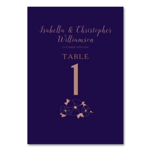 Koper en blauw bloemig modern trouwnummer kaart (Voorkant)