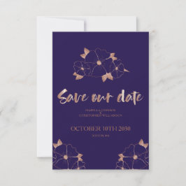 Koper en blauwe bloemen modern opslaan de datum save the date