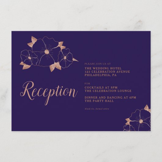 Koper en blauwe bloemige moderne trouwreceptie informatiekaartje (Voorkant)