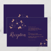 Koper en blauwe bloemige moderne trouwreceptie informatiekaartje (Voorkant / Achterkant)