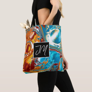 Koper- en blauwe marmer-vloeistofkunst op maat tote bag