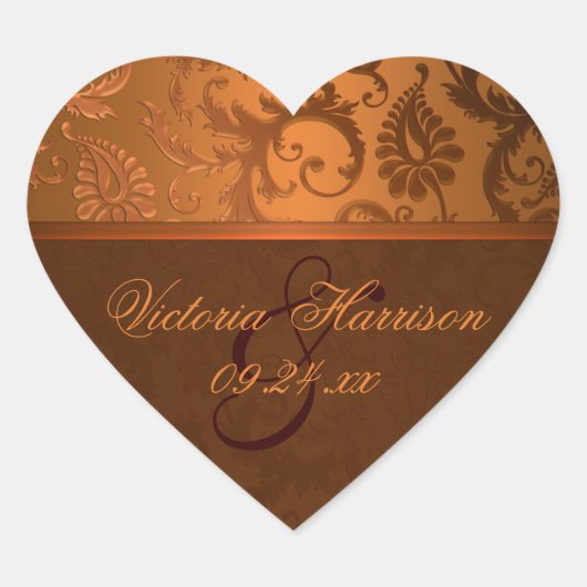 Koper en Bruin Damask Heart Shaped Sticker (Voorkant)