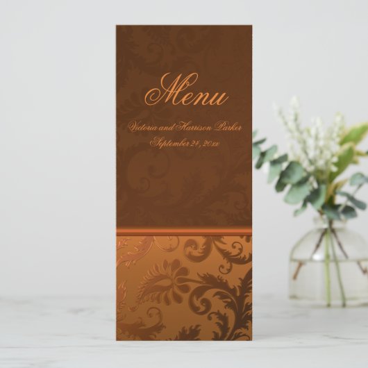 Koper en Bruin Damast Bruiloft Menu Kaart (Staand voorkant)