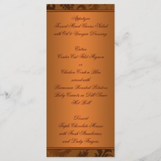 Koper en Bruin Damast Bruiloft Menu Kaart (Achterkant)