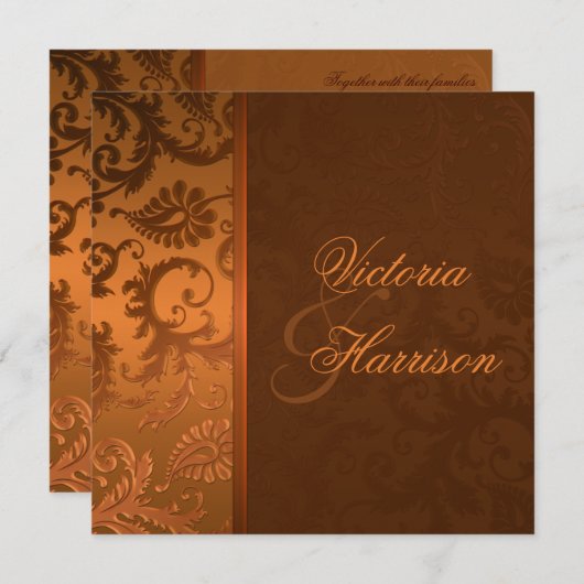 Koper en Bruin Damast Bruiloft Uitnodiging (Voorkant / Achterkant)