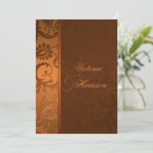 Koper en Bruin Damast Bruiloft Uitnodiging II (Staand voorkant)