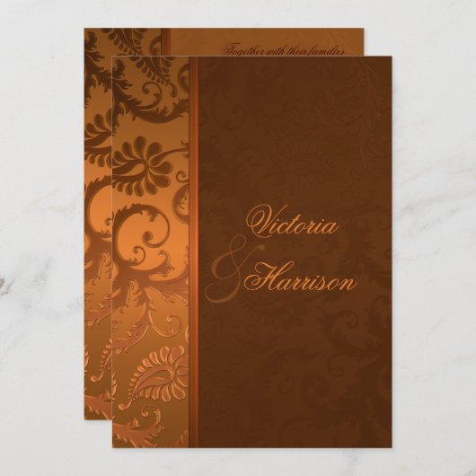 Koper en Bruin Damast Bruiloft Uitnodiging II (Voorkant / Achterkant)