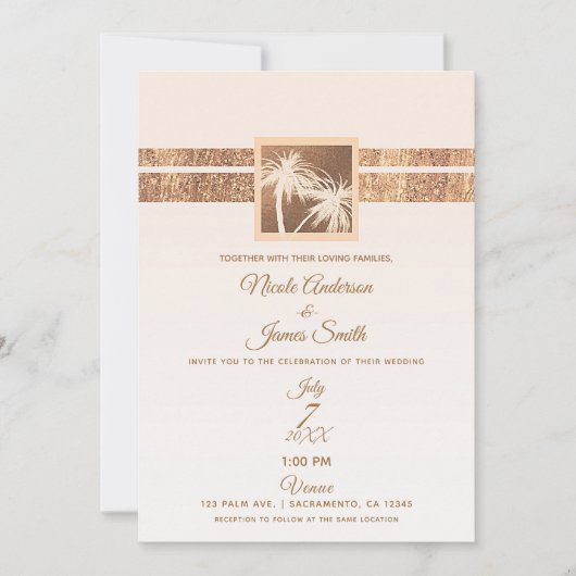 Koper- en crèmepalmbomen met moderne bruiloft kaart (Voorkant)