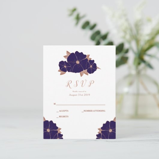 Koper en donkerblauw moderne bruiloft RSVP (Staand voorkant)