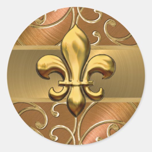 Koper en Gold Filigree Swirls Fleur de Lis Ronde Sticker (Voorkant)