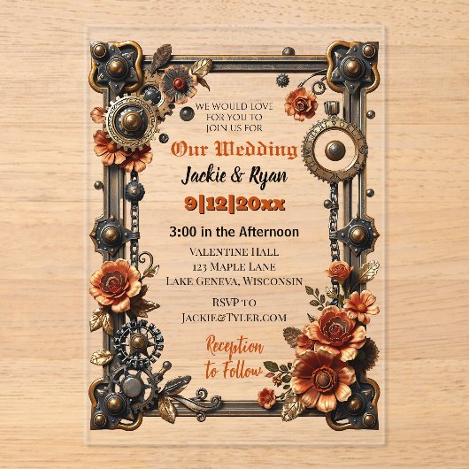 Koper en goud Steampunk Gothic thema bruiloft Acryl Uitnodigingen (Voorkant)