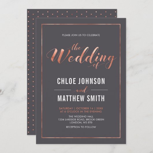 Koper en grijs | Eenvoudig modern Typografie Wedde Kaart (Voorkant / Achterkant)