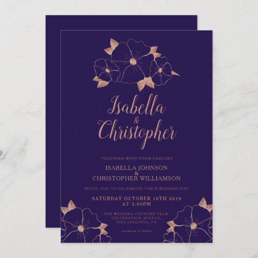 Koper en middernacht blauw hedendaags huwelijk kaart (Voorkant / Achterkant)