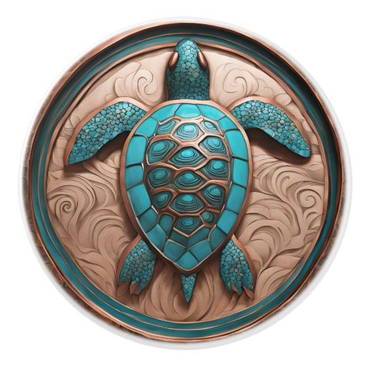Koper en Turquois Zee Turtle Keramische Knop (Voorkant)