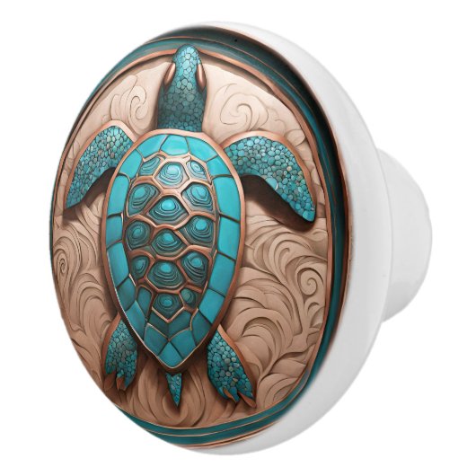 Koper en Turquois Zee Turtle Keramische Knop (Rechts)