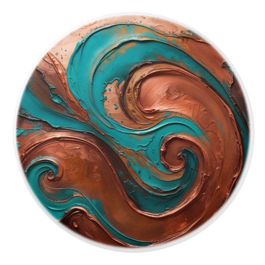 Koper en turquoise Abstracte werveling Keramische Knop (Voorkant)