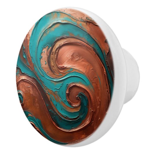 Koper en turquoise Abstracte werveling Keramische Knop (Rechts)