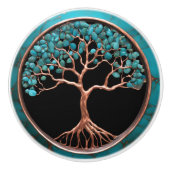 Koper en turquoise boom op zwart keramische knop (Voorkant)