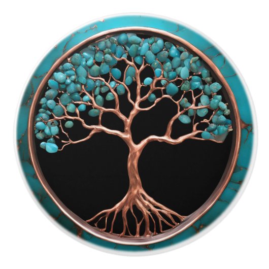Koper en turquoise boom op zwart keramische knop (Voorkant)
