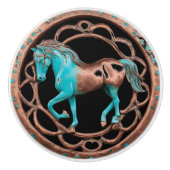 Koper en turquoise paard op zwart keramische knop (Voorkant)