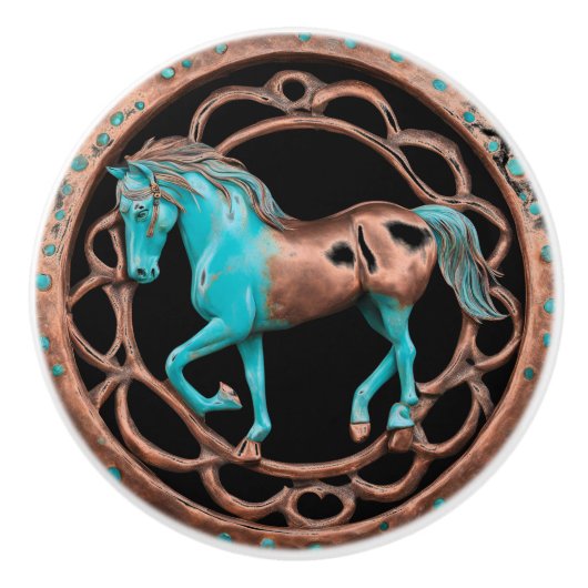 Koper en turquoise paard op zwart keramische knop (Voorkant)