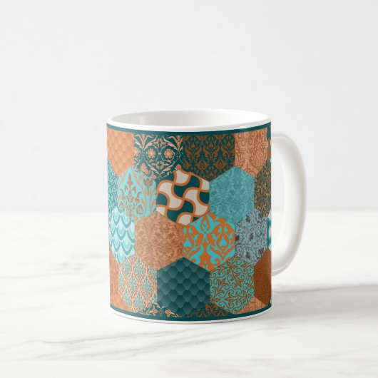 Koper en Turquoise Patchwork-Look Koffie Mok (Voorkant rechts)